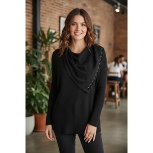 Democracy‎ XS Black Knit Sweater Cowl Neck Lace Up Long Sleeve Pullover Top